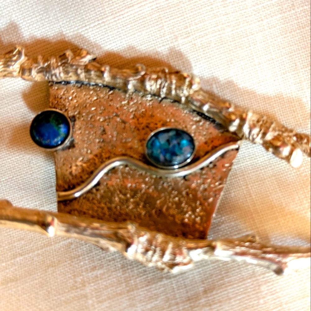 DESIGNER EVE STERLING SILVER TWO BLUE GEM-STONES MODERNIST PENDANT/ BROACH
